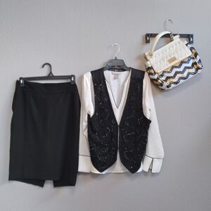 Vintage AJ Black sequined 3-Hook and Eye Closure Vest.